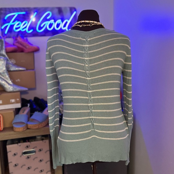 Pink Rose Striped Sweater in Dusty Blue with Cross Cross Detail Down Back - Picture 4 of 4